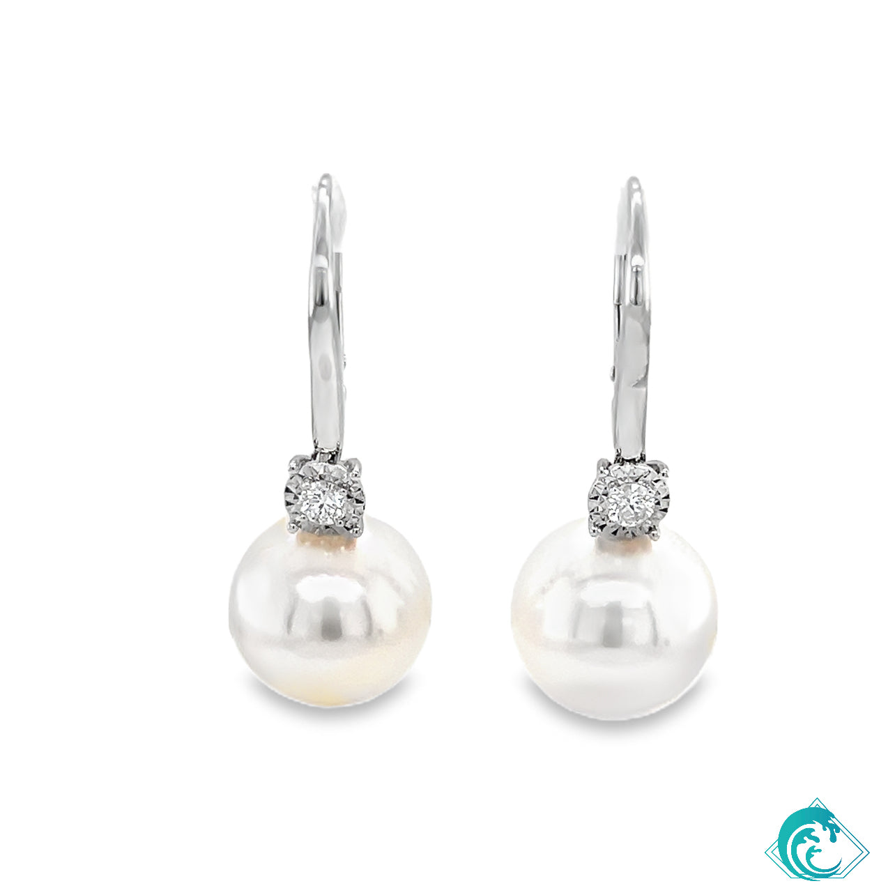 18KW Freshwater Pearl & Diamond Lever-Back Earrings