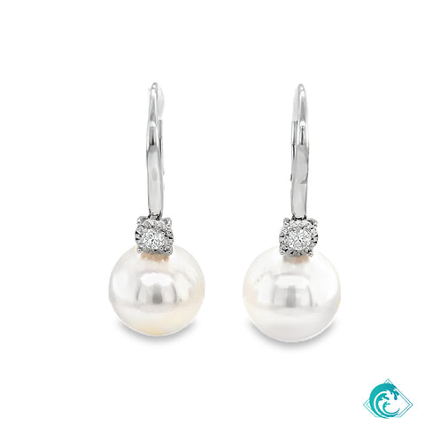 18KW Freshwater Pearl & Diamond Lever-Back Earrings