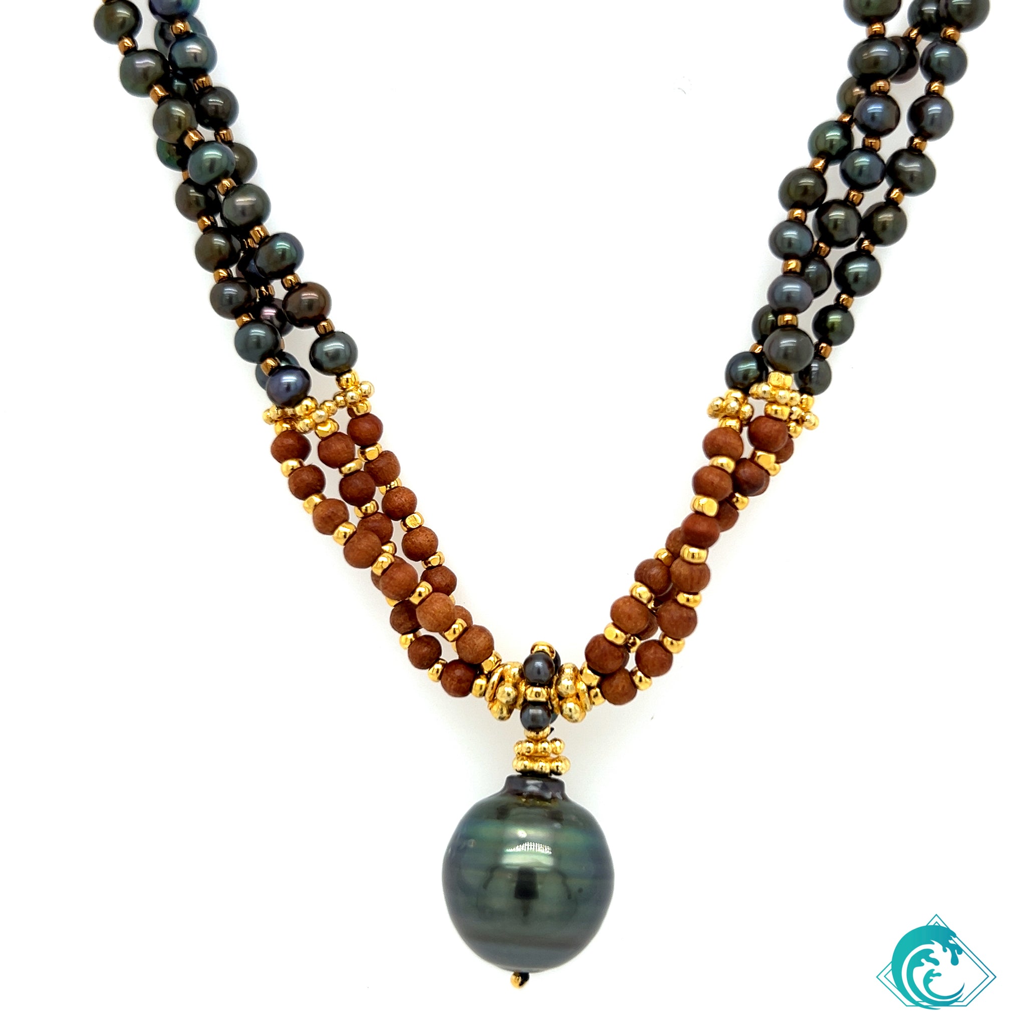 Vermeil Triple Strand Sandal Wood & Tahitian Pearl Necklace