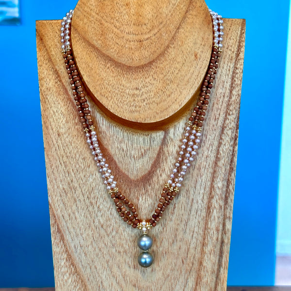 Vermeil Triple Strand Sandal Wood & Tahitian Pearl Necklace