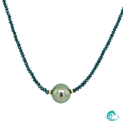 14KY Blue Diamond & Tahitian Pearl Necklace