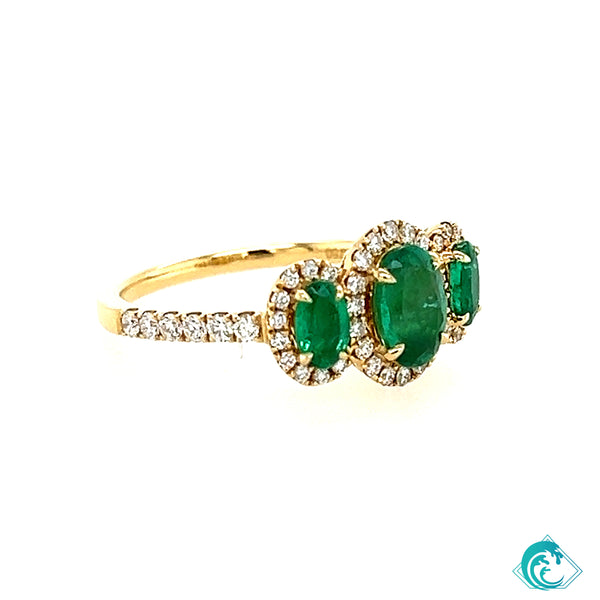 18K YG Three Stone Emerald and Diamond Ring