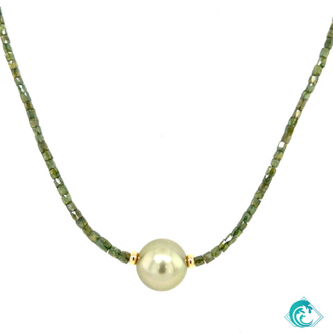 14KY Rare Green Diamond & Tahitian Pearl Necklace
