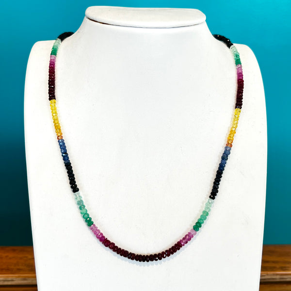 14KY Sapphire, Ruby & Emerald Beaded Necklace