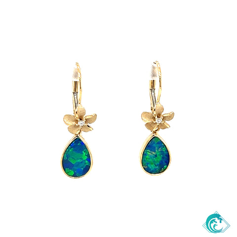 14KY Opal Drop & Plumeria Earrings