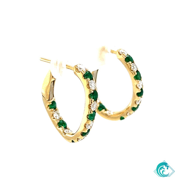 14KY Emerald Diamond Hoop Earrings