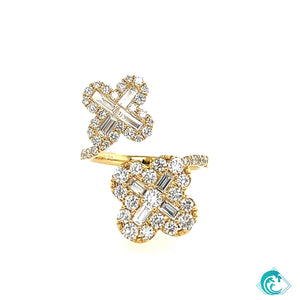 18KY Double Flower Clover Trapezoid Cut Diamond Ring