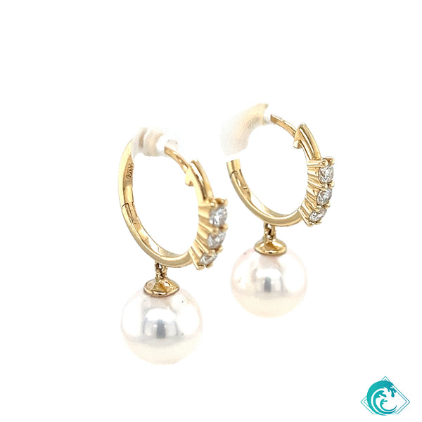 14KY Freshwater Pearl Triple Diamond Hoop Earrings