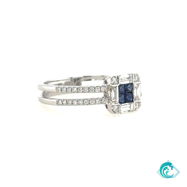 18KW Blue Sapphire & Baguette Diamond Ring