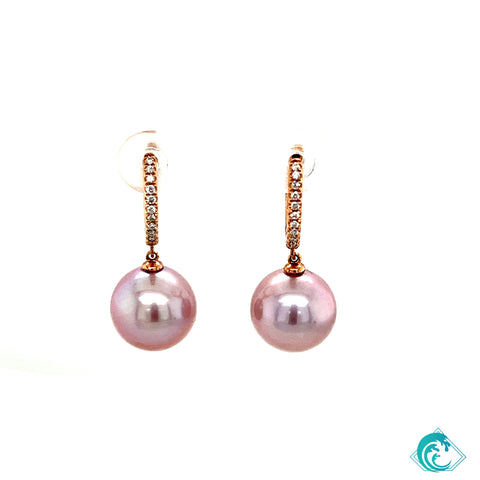 14KR Pink Freshwater Pearl Diamond Hoop Earrings