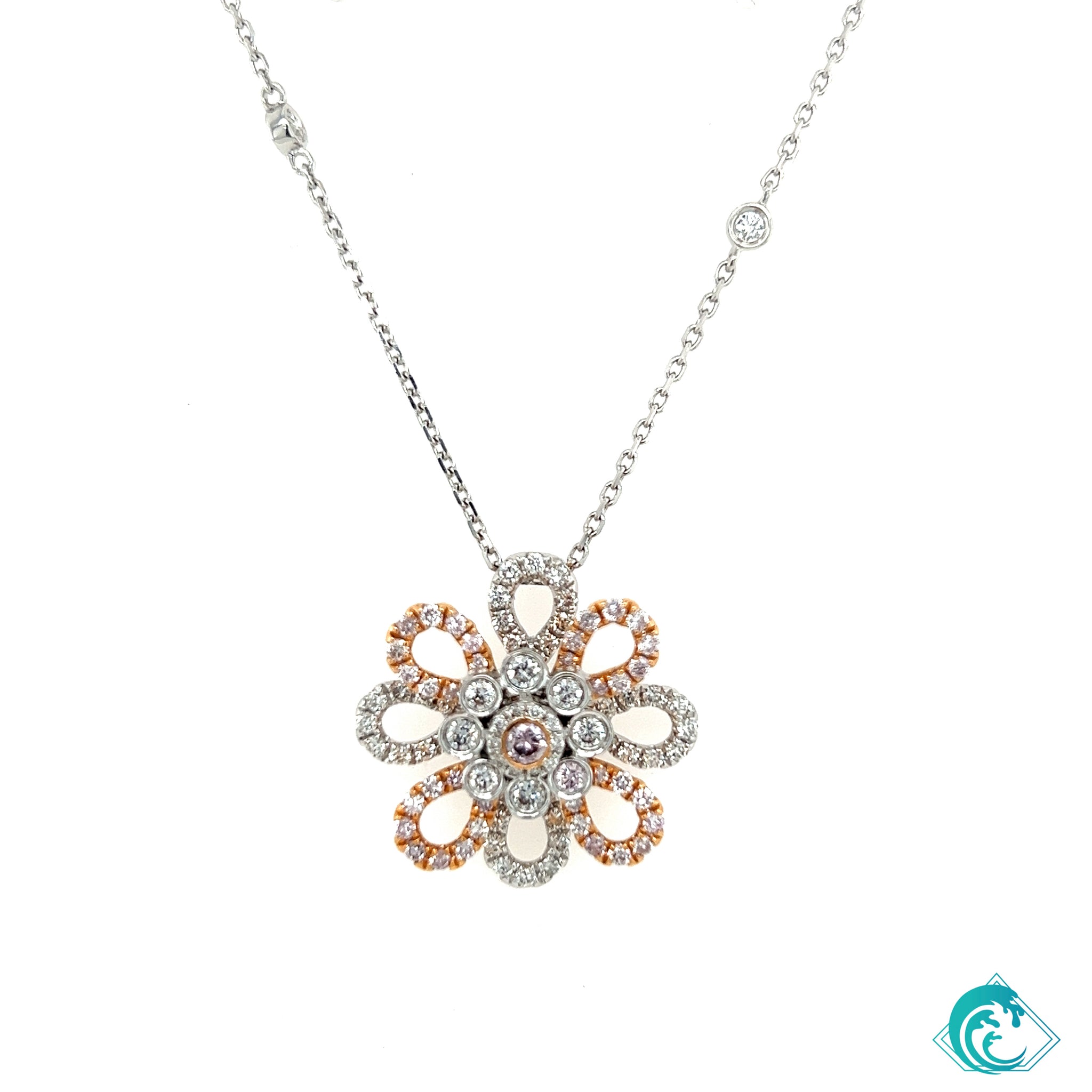 18K Two Tone Pink & White Diamond Flower Necklace