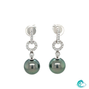 18KW Tahitian Pearl Diamond Circle Drop Earrings