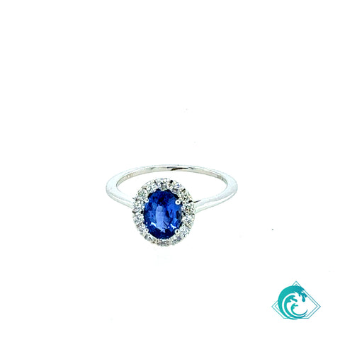 14KW Oval Blue Sapphire Halo Ring