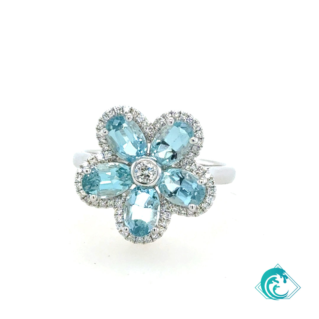 14KW Aquamarine Flower Diamond Ring