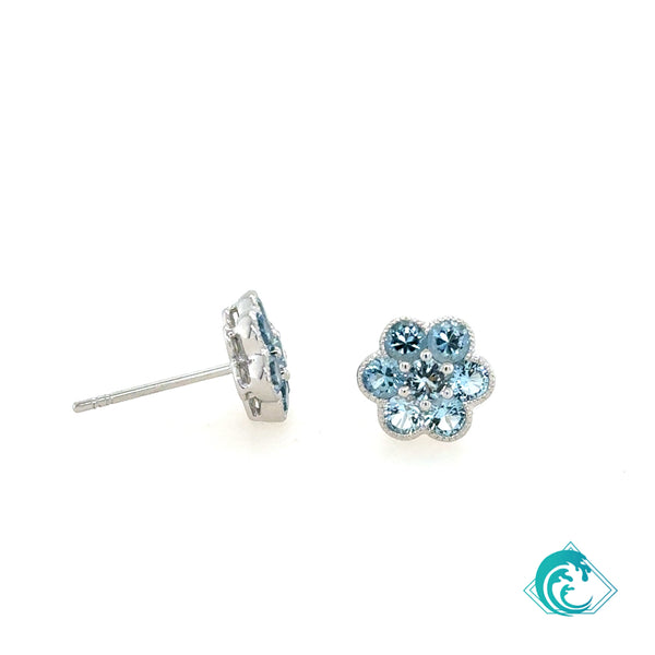 14KW Aquamarine Flower Stud Earrings