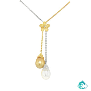 14K Two Tone South Sea Pearl Plumeria Lariat by Kilauea Fine Jewelry