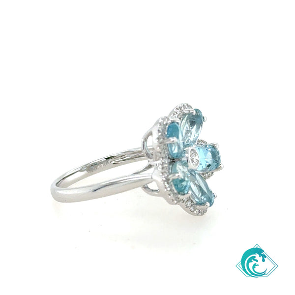 14KW Aquamarine Flower Diamond Ring