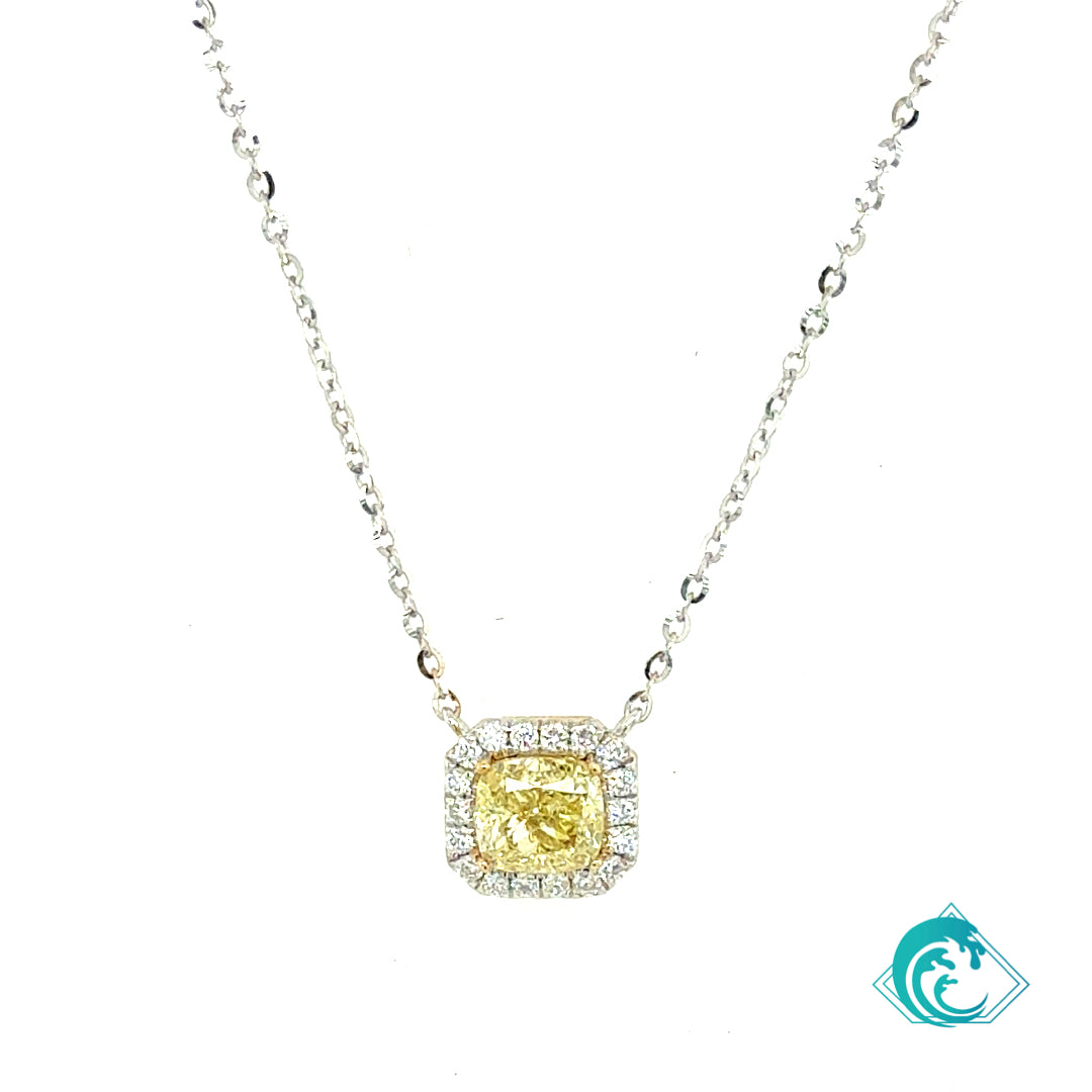 14K Cushion Cut Fancy Yellow Diamond Necklace