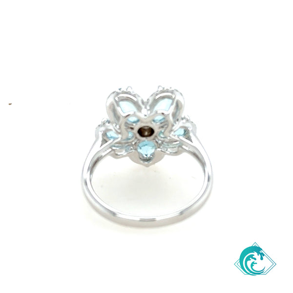 14KW Aquamarine Flower Diamond Ring