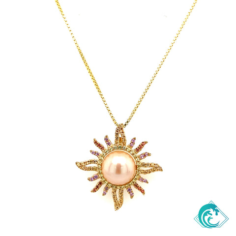 14KY Sunburst Multi Sapphires Freshwater Pearl Pendant