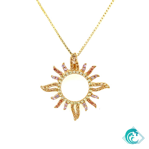 14K Yellow Gold Sunburst Multi Sapphire Pendant (25mm)