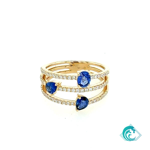 14KY Triple Blue Sapphire Diamond Ring