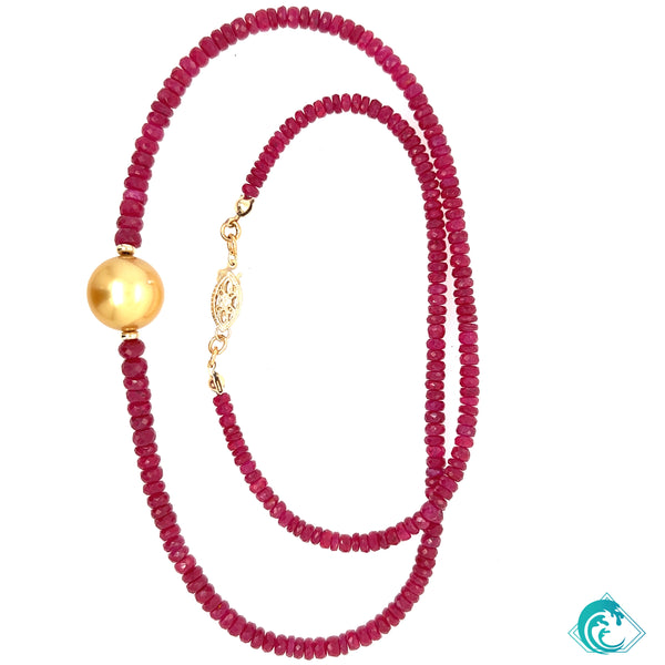 14K Natural Ruby & Golden Indonesian Pearl Necklace
