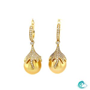 18KY Fancy Golden Indonesian Pearl & Diamond Earrings