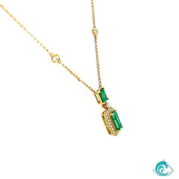 18KY Double Drop Emerald & Diamond Pendant