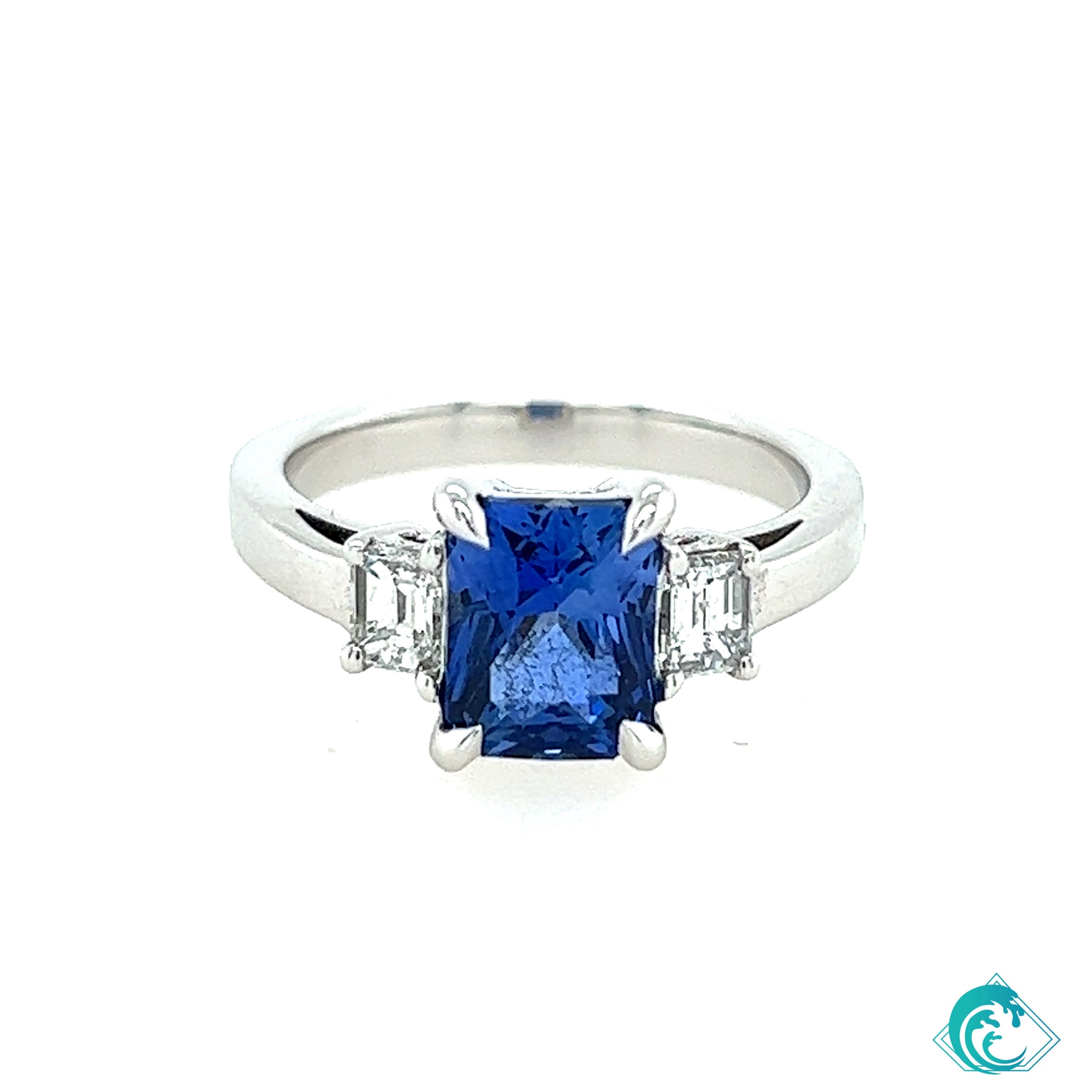 18KW Emerald Cut Diamond and Sapphire Ring