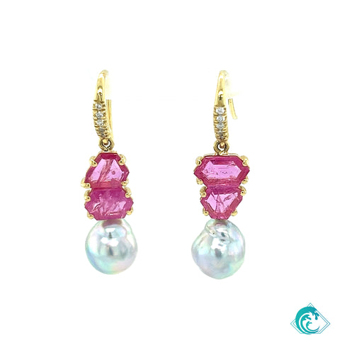 18KY Geometric Pink Sapphire & Akoya Pearl Earrings