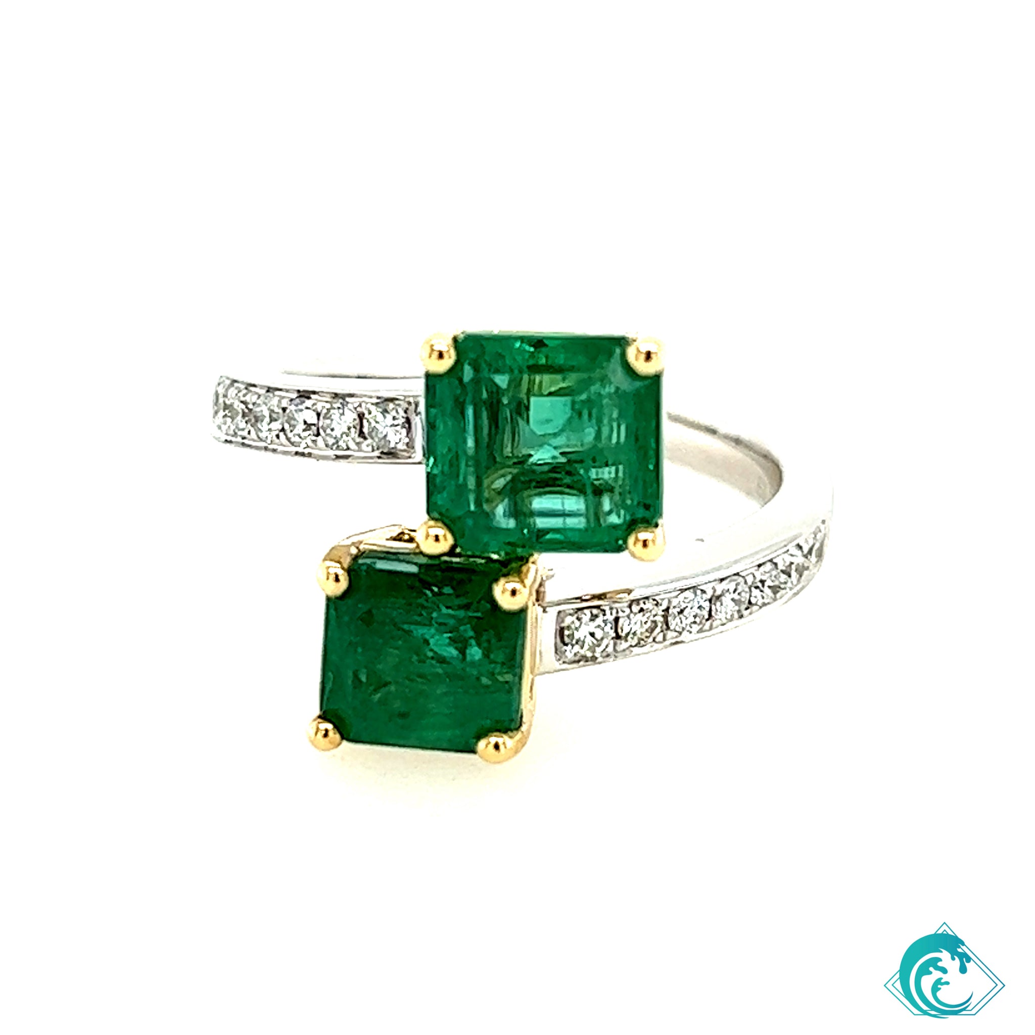 18K Two Tone Double Emerald Diamond Ring
