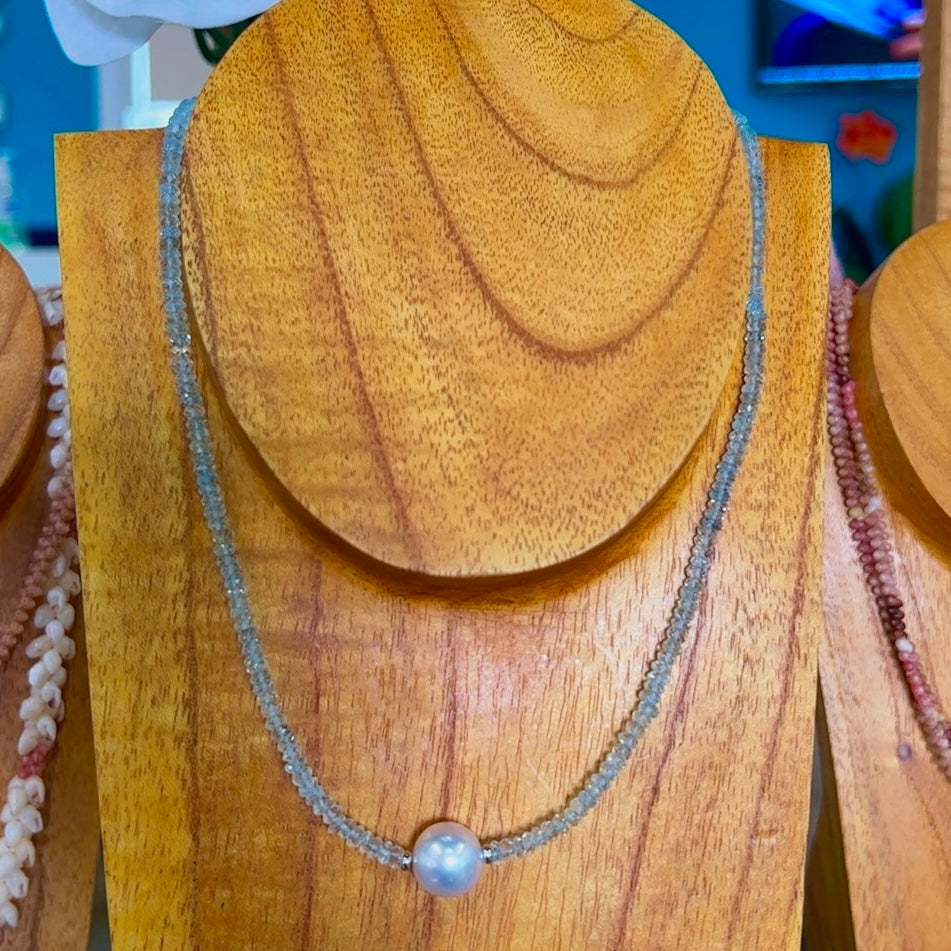 14k WG White Australian Pearl & Aquamarine Beaded Necklace