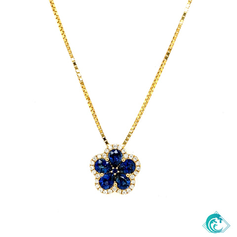 18KY Blue Sapphire Flower & Diamond Pendant