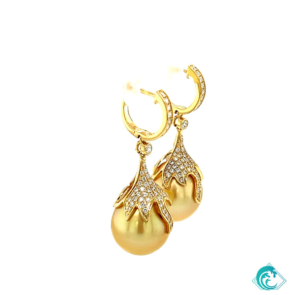 18KY Fancy Golden Indonesian Pearl & Diamond Earrings