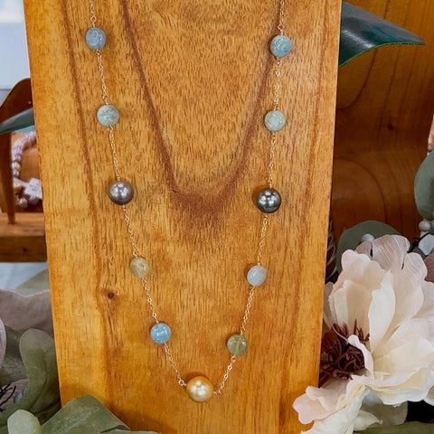 14KY Aquamarine & Multi Pearl Makai Necklace