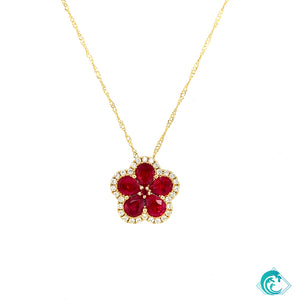 18KY Ruby Flower & Diamond Pendant