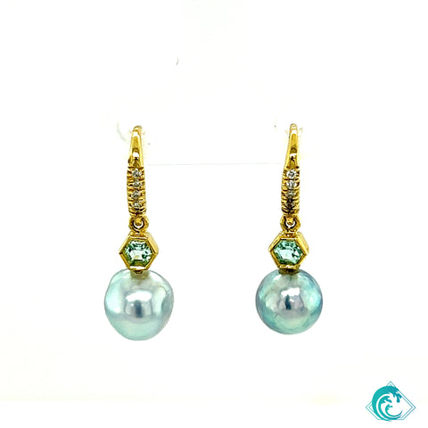 18KY Green Beryl & Blue Akoya Pearl Earrings