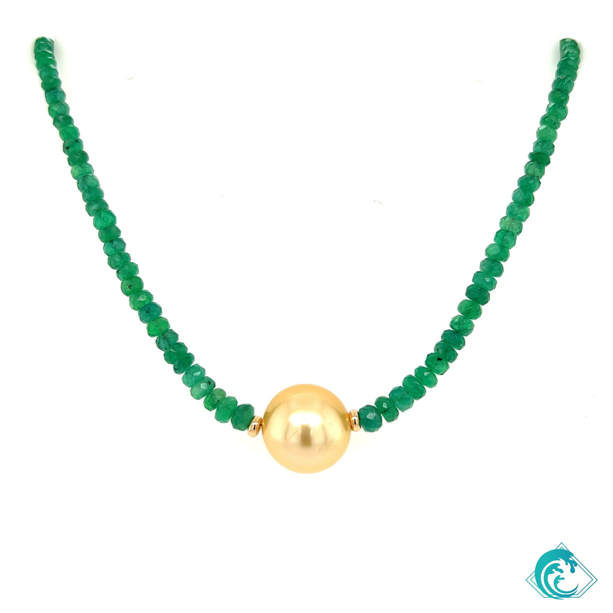 14KY Golden Indonesian Pearl & Emerald Necklace