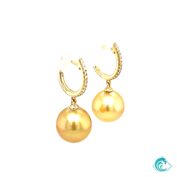 14KY Golden Indonesian Pearl Diamond Hoop Earrings