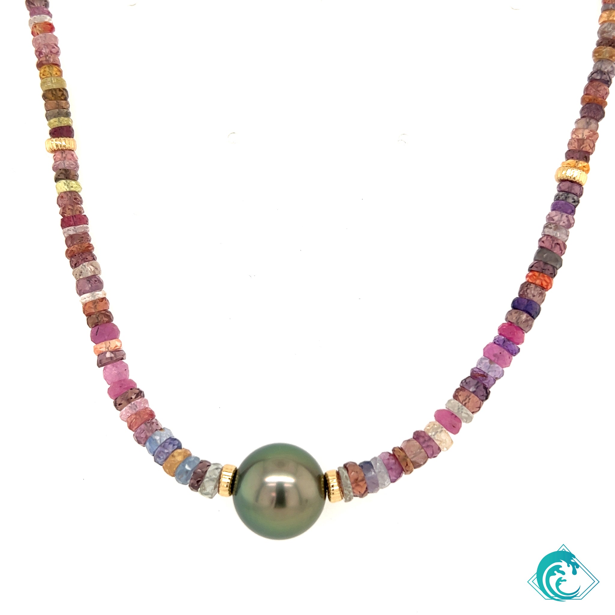 14K Tahitian Pearl & Multi Sapphire Necklace