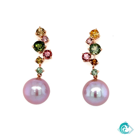 18KR Pink Freshwater Pearl & Tourmaline Earrings