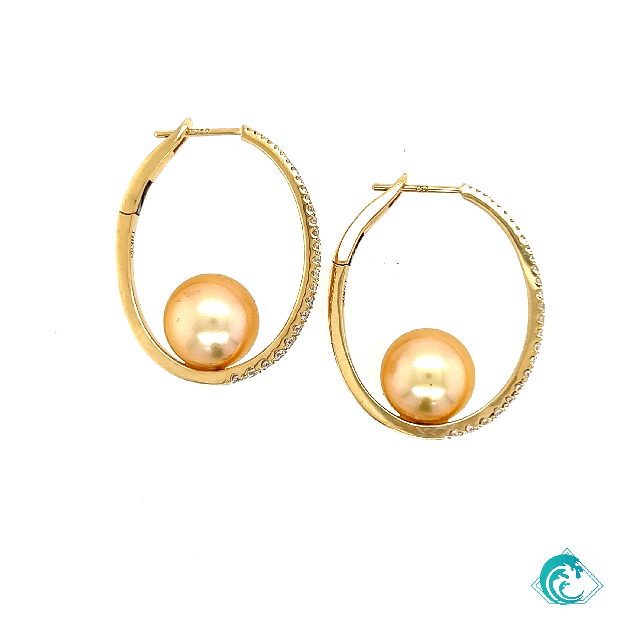 18KY Golden Indonesian Pearl Diamond Hoops