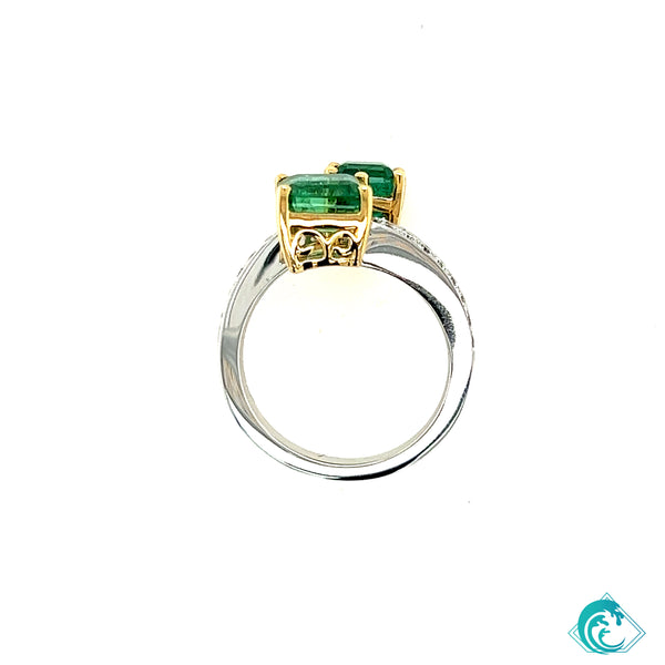 18K Two Tone Double Emerald Diamond Ring