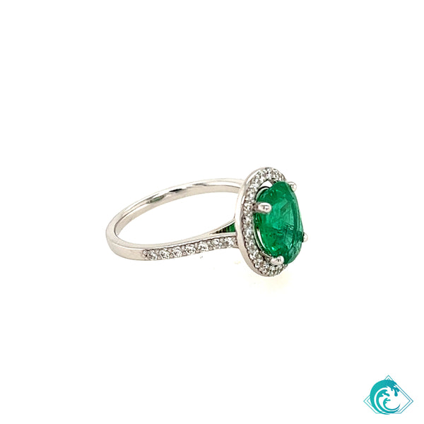 14KW Zambian Emerald Halo Diamond Ring