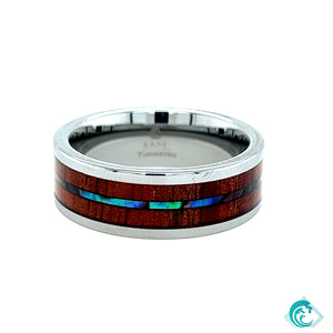 8mm Tungsten Pipe Cut Band with Koa Wood & Abalone Inlays