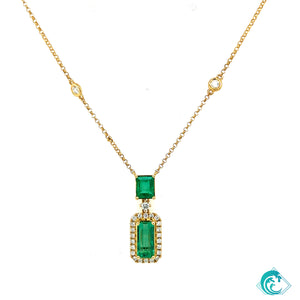 18KY Double Drop Emerald & Diamond Pendant