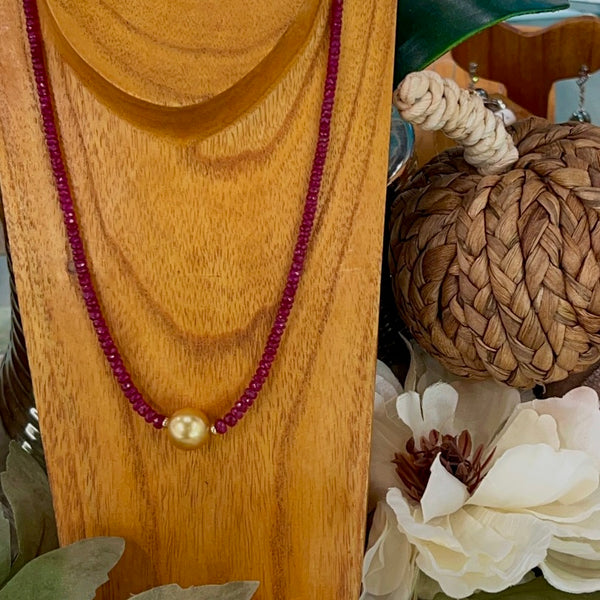 14K Natural Ruby & Golden Indonesian Pearl Necklace