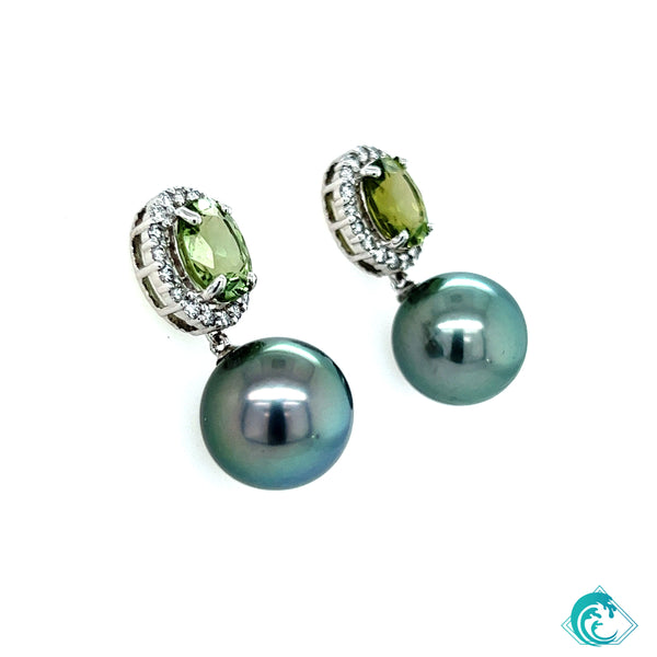 18K WG Tahitian Pearl & Green Tourmaline Diamond Earrings
