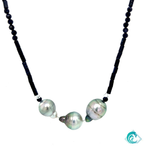 Sterling Silver Tahitian Pearl & Blue Sandstone Necklace
